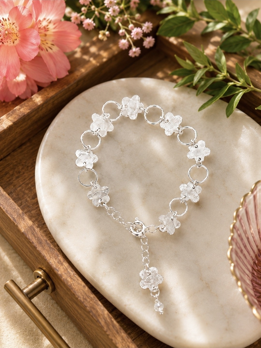 925 Sterling Silver Floral Link Bracelet - Silver Woth Extension New
